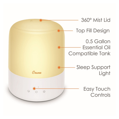 Gold and white essential oil diffuser with features labeled on a white background