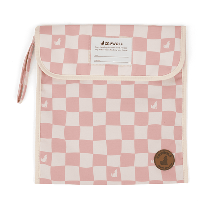 Pink and white checkered pouch with a brand label on a white background