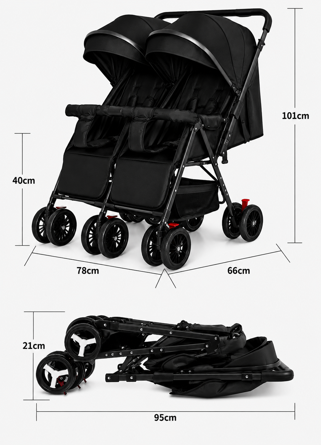 Preorder - TwinGo Black 2-Way Folding Compact Double / Twin Stroller + Rain Cover