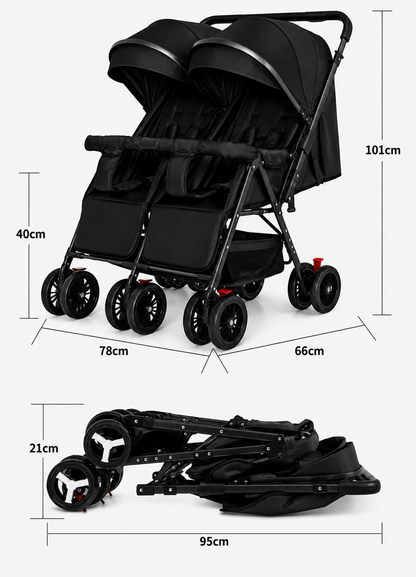 Preorder - TwinGo Black 2-Way Folding Compact Double / Twin Stroller + Rain Cover