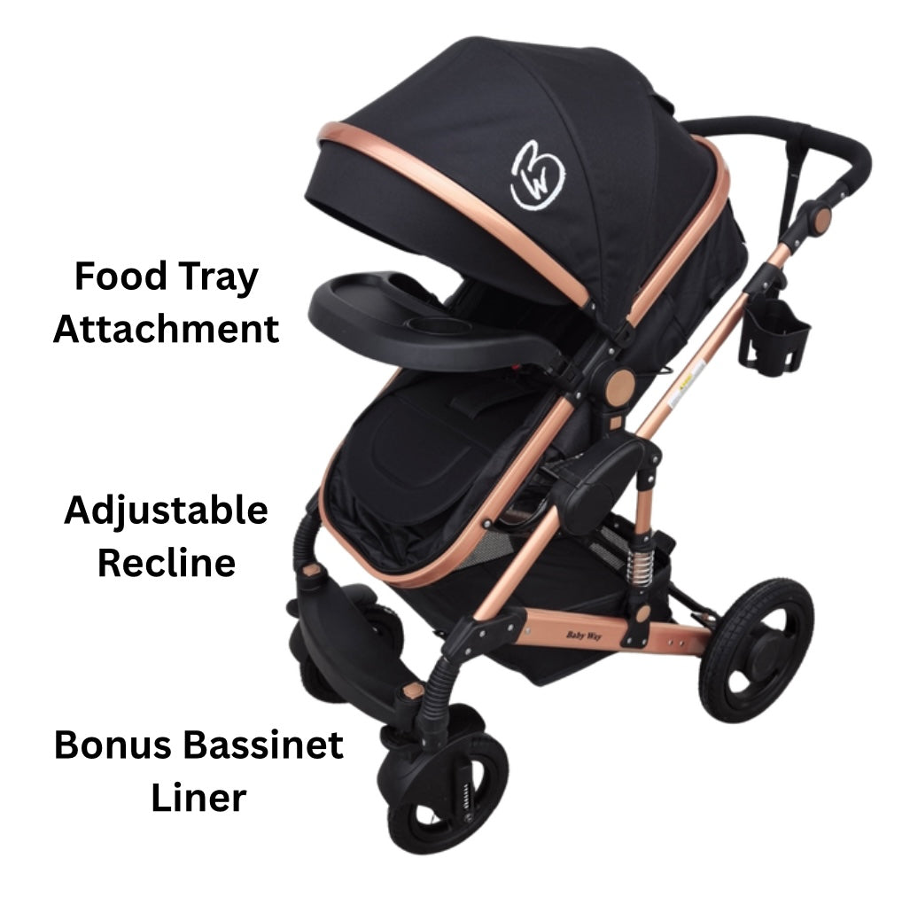 Ultra – 3 in 1 Stroller + Bassinet + Capsule Combo with Sunshade Sets and Food Tray - Black