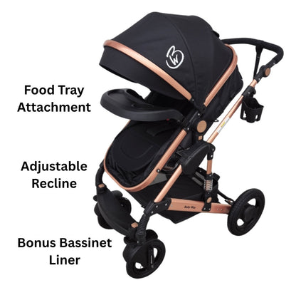 Ultra – 3 in 1 Stroller + Bassinet + Capsule Combo with Sunshade Sets and Food Tray - Black