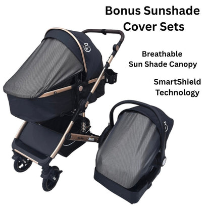 Preorder - Supra Gold - 3 in 1 Stroller Buggy + Bassinet + Capsule Car Seat Combo with Mattress, Food Tray and Grey Skin