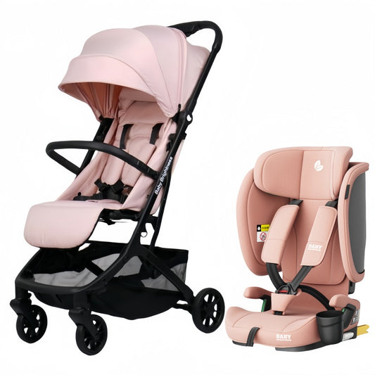 Baby Brightness AirGo Lightweight Compact Travel Pram and Portable ISOFIX Travel Booster Car Seat Pink
