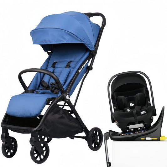 Baby Brightness FlexGo Auto Folding lightweight compact stroller with i-Size infant capsule and Rotation ISOFIX base Blue