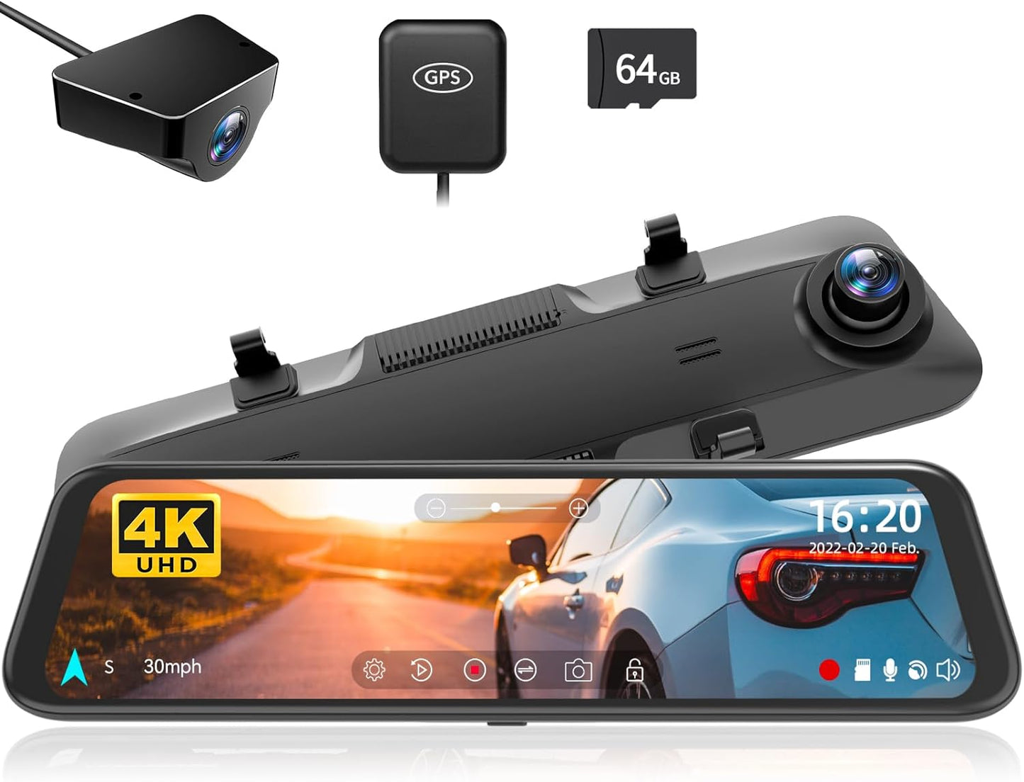 4K Mirror Dash Cam 9.66inch with 64GB Card & GPS