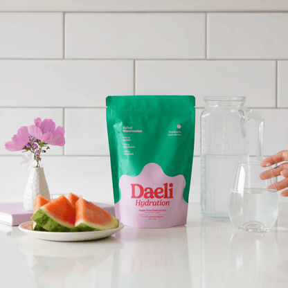 Daeli Hydration package on a kitchen counter with watermelon and a glass.