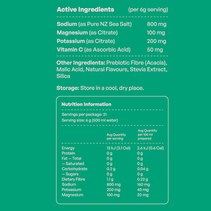 Nutritional information and active ingredients list on a green background