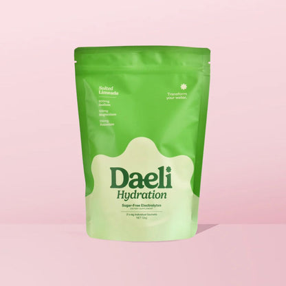 Green package of Daeli Hydration on a pink background