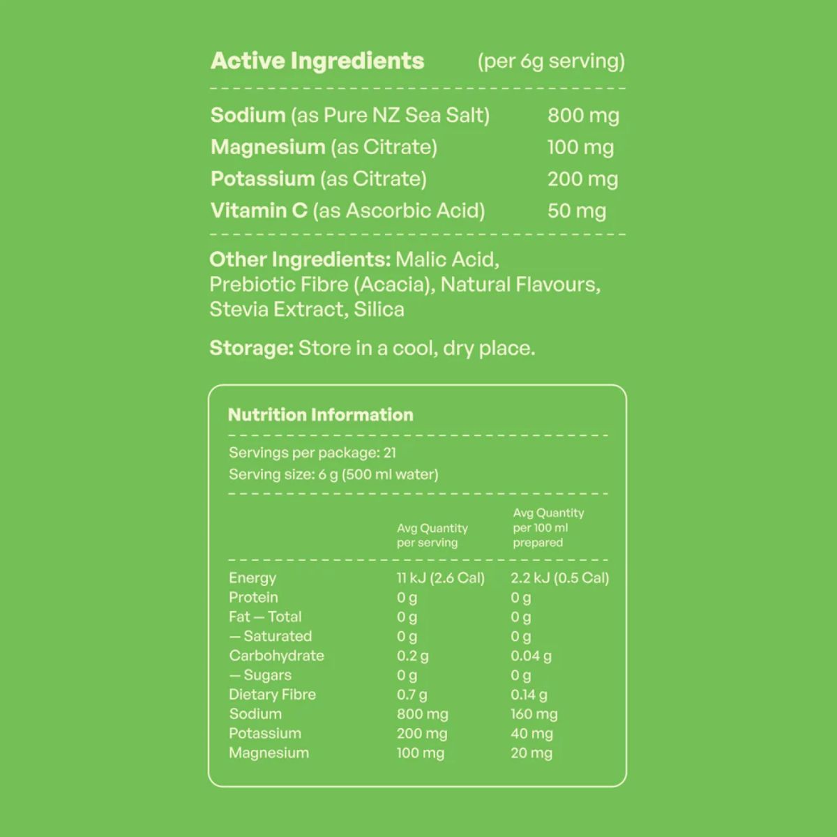 Nutritional information and ingredient list on a green background