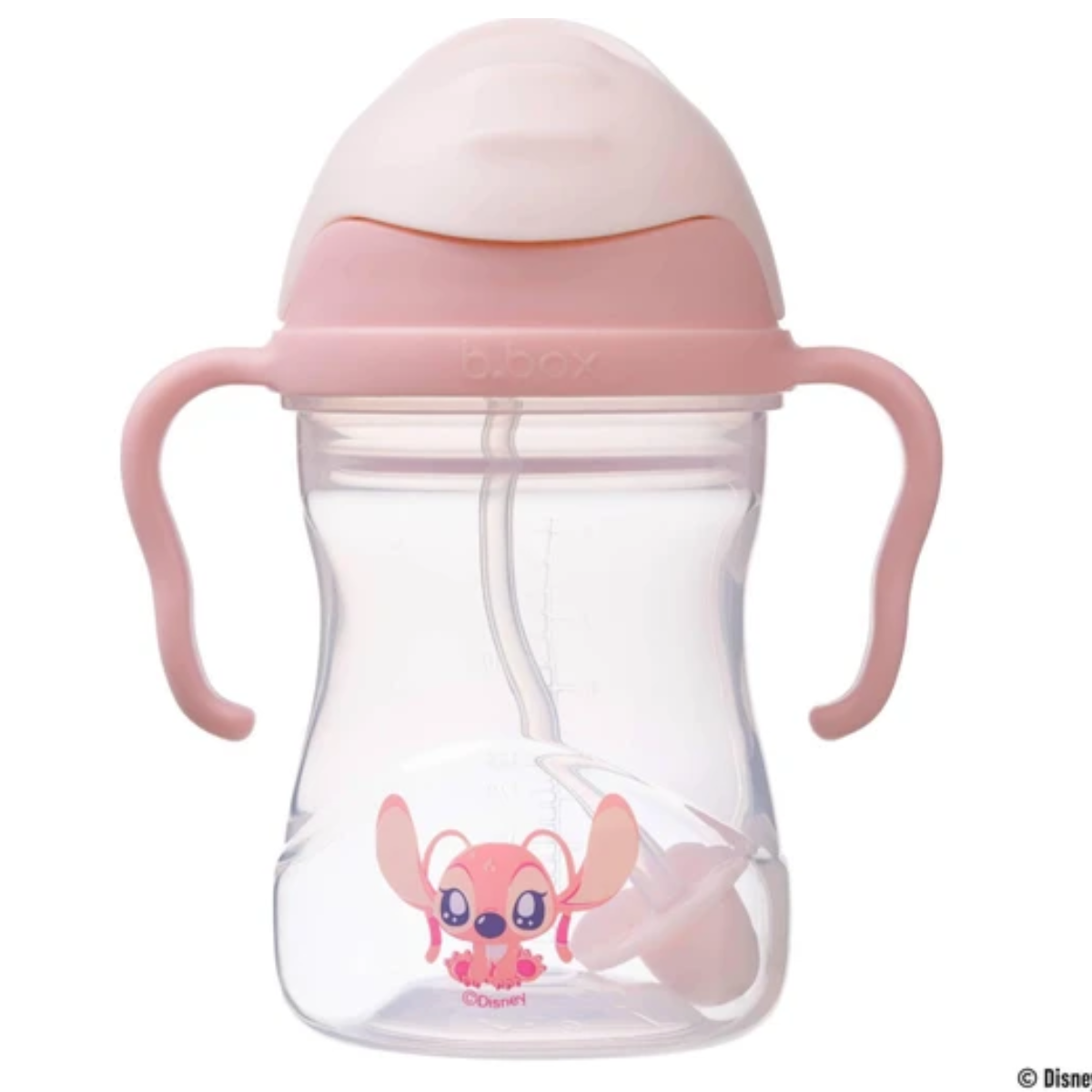 Pink sippy cup with Disney Angel cartoon character on a white background 