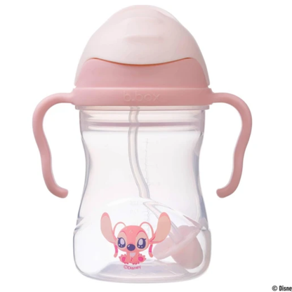 Pink sippy cup with Disney Angel cartoon character on a white background 