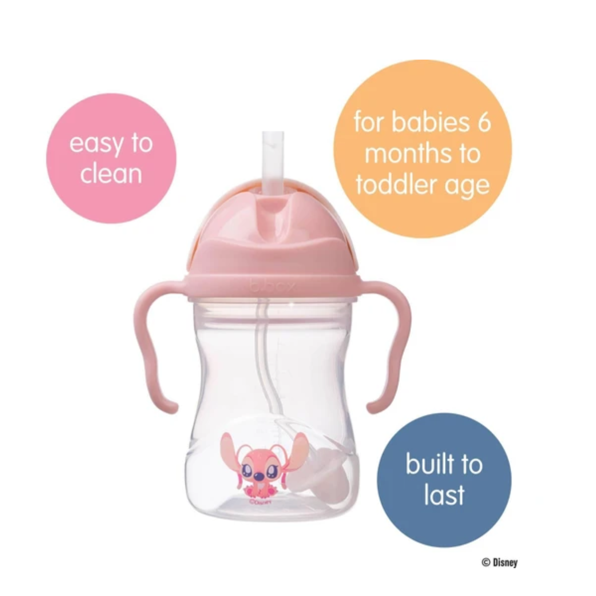Pink sippy cup with straw and cartoon character on a white background