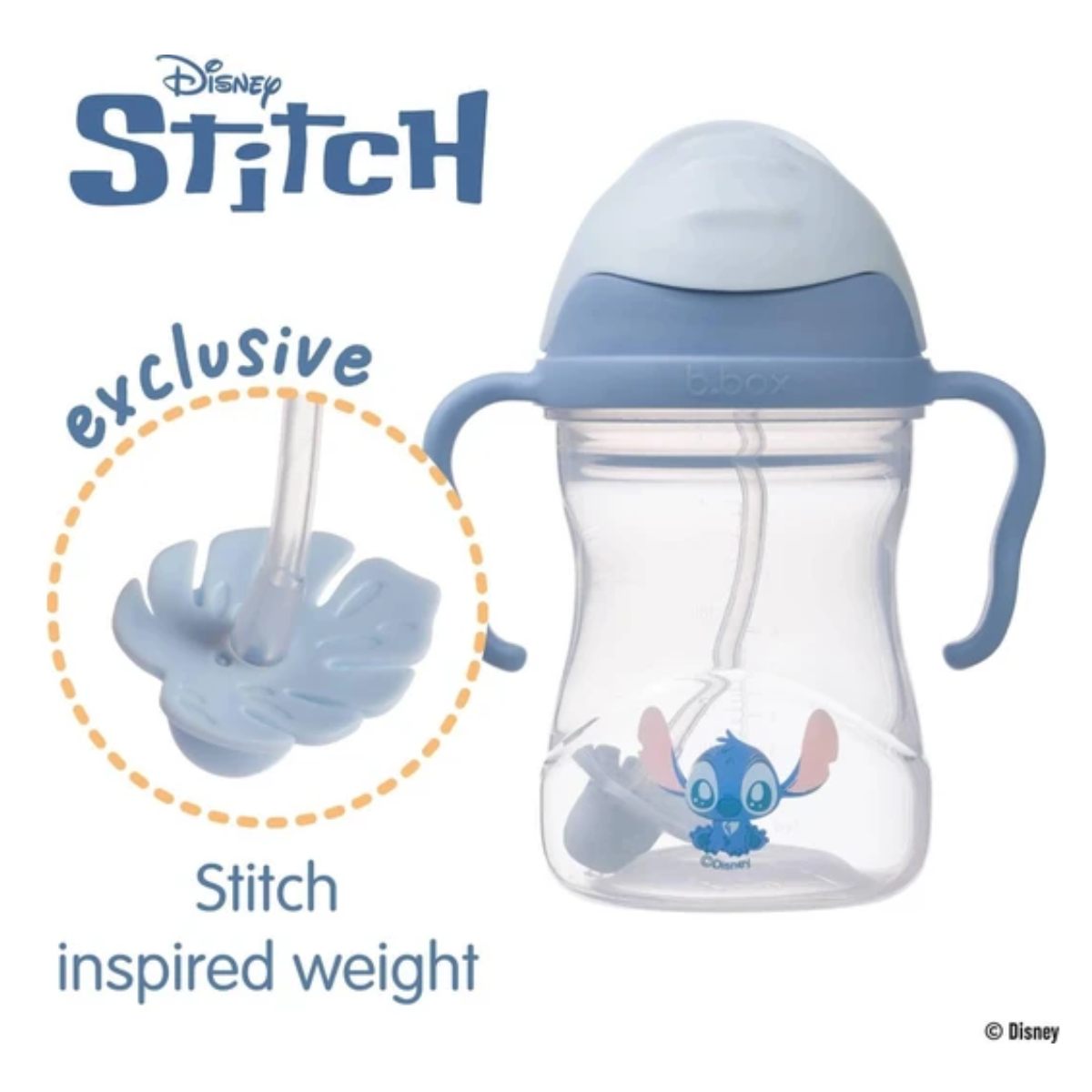 Disney Stitch-themed sippy cup with straw and weight on a white background