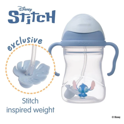 Disney Stitch-themed sippy cup with straw and weight on a white background