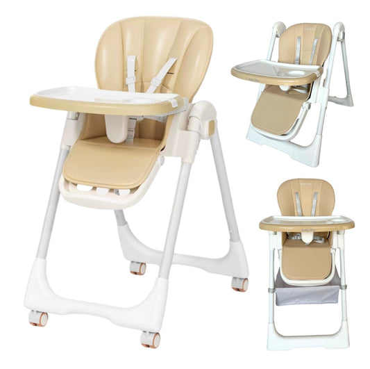 Elevate Adjustable and Folding High Chair with Locking Wheels & Storage Basket - BEIGE