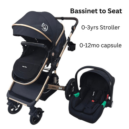 Preorder - Supra 3-in-1 Travel System – Stroller + Bassinet + Capsule Car Seat and Mattress - Black Gold + Colour Options