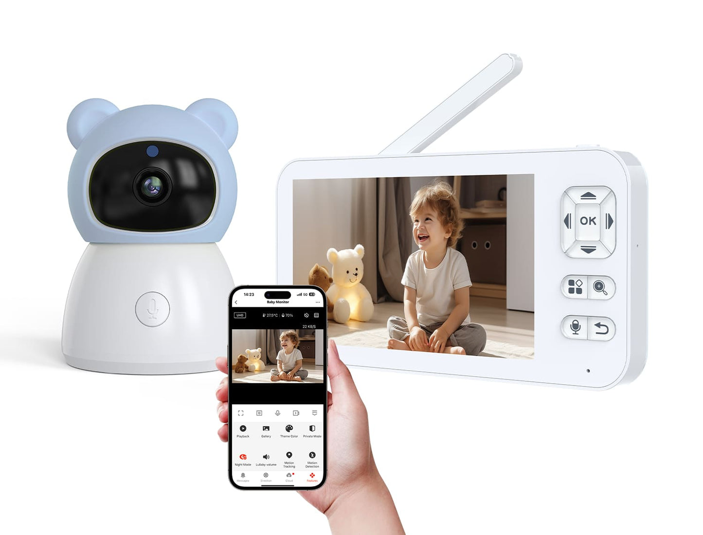 Dual Mode 5" Baby Monitor with Night Vision & Motion Detection – Blue