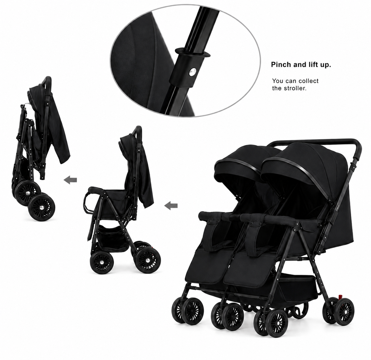 Preorder - TwinGo Black 2-Way Folding Compact Double / Twin Stroller + Rain Cover