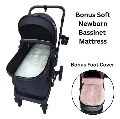 Evolve X - 3in1 Stroller + Bassinet + Capsule Travel System with Sunshade Sets & Food Tray & Pink Colour Pack