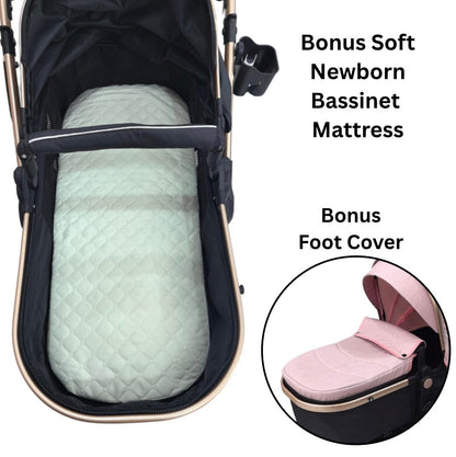 Preorder - Supra - 3 in 1 Stroller + Bassinet + Capsule Car Seat Travel System with Mattress and Pink Skin
