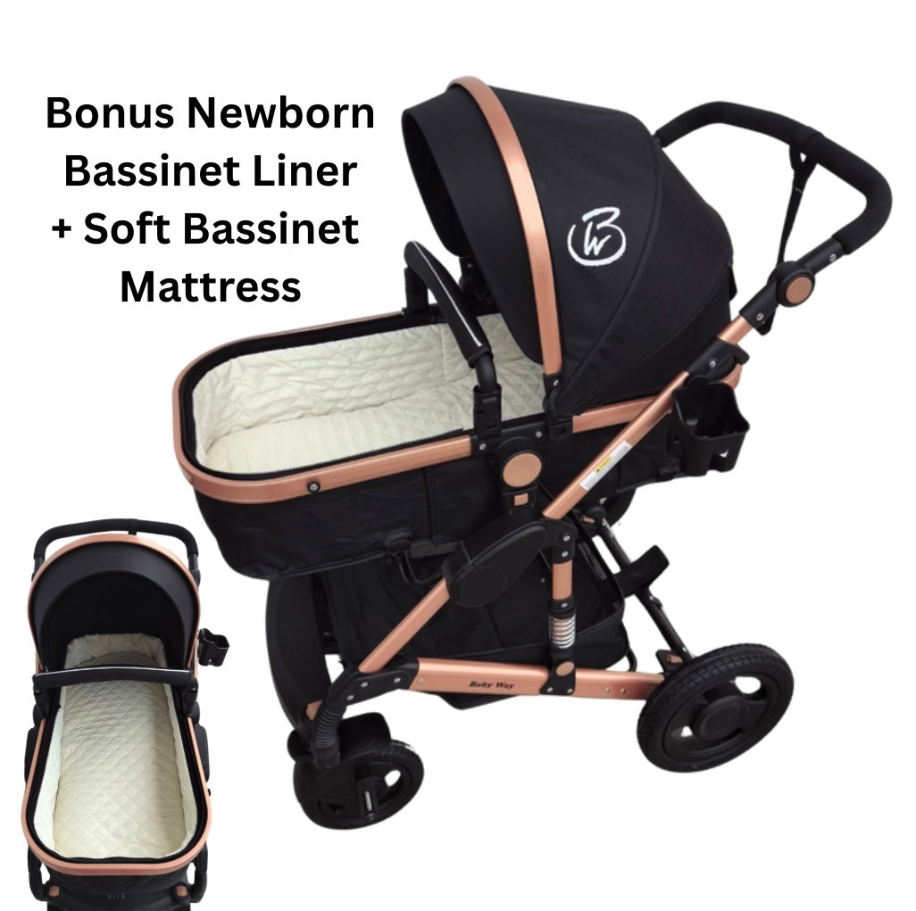 Ultra - 3 in 1 Stroller + Bassinet + Capsule Combo with Sunshade Sets and Food Tray - Black Gold