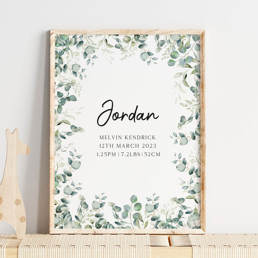 Wall Print |  Eucalyptus Birth Detail Keepsake Print