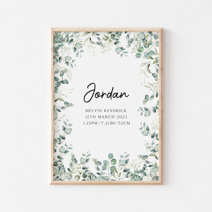 Wall Print |  Eucalyptus Birth Detail Keepsake Print