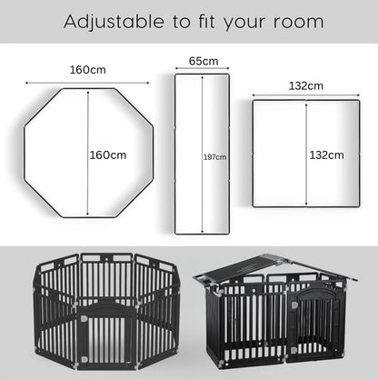 2 in 1 Pet House and
Adjustable Playpen with Roof Feature and Locking Door – BLACK