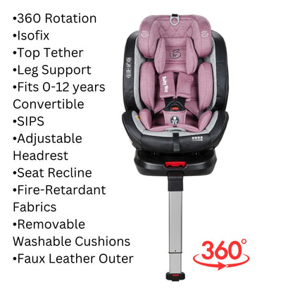 Royal 360 Rotating and Convertible Car Seat with ISOFIX and Leg Support - PINK