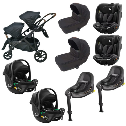 Pre-order Baby Brightness Luxe Double Pram with Twin Bassinets + Infant Capsules + 360 Car Seats and Rotating ISOFIX Bases