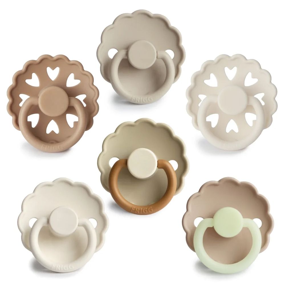 6 Beige Silicone Pacifiers designed to mimic the breastfeeding style from babies 0-18 months.