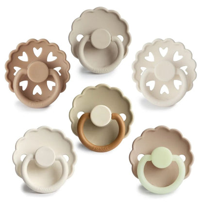 6 Beige Silicone Pacifiers designed to mimic the breastfeeding style from babies 0-18 months.