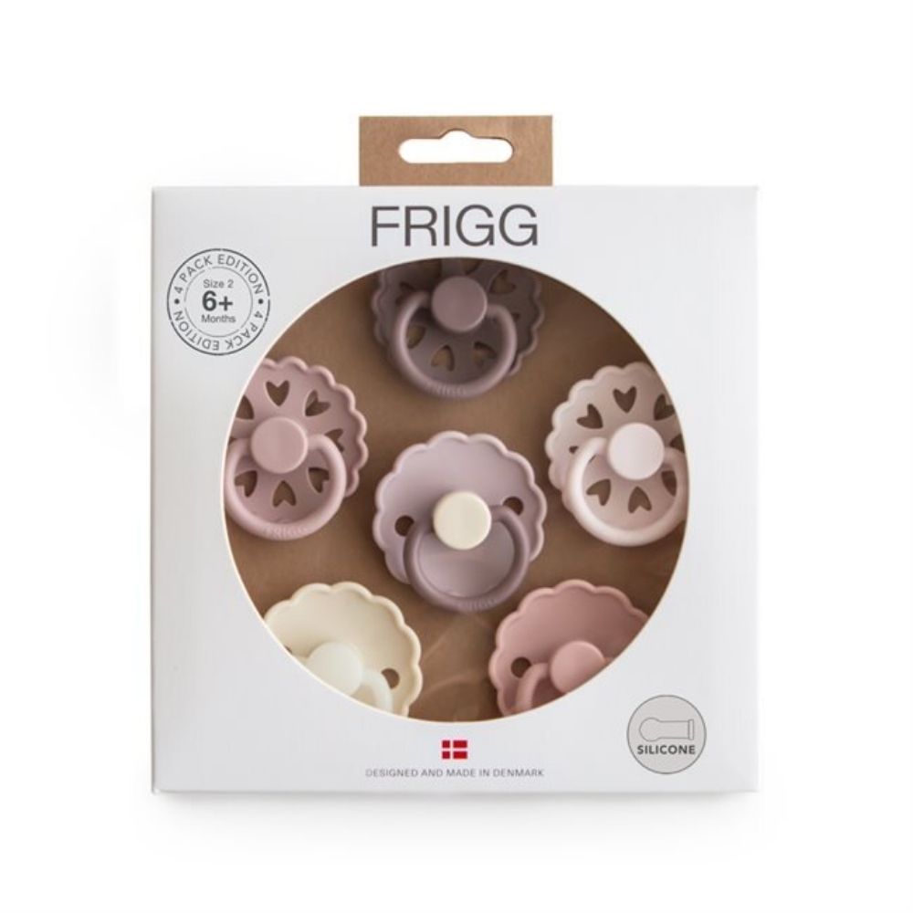 The packaging of the 6 pack frigg silicone pacifiers.