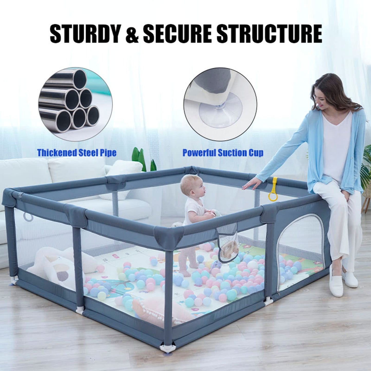 Foldable & Portable Fabric Baby Playpen 180x150x68cm-Grey