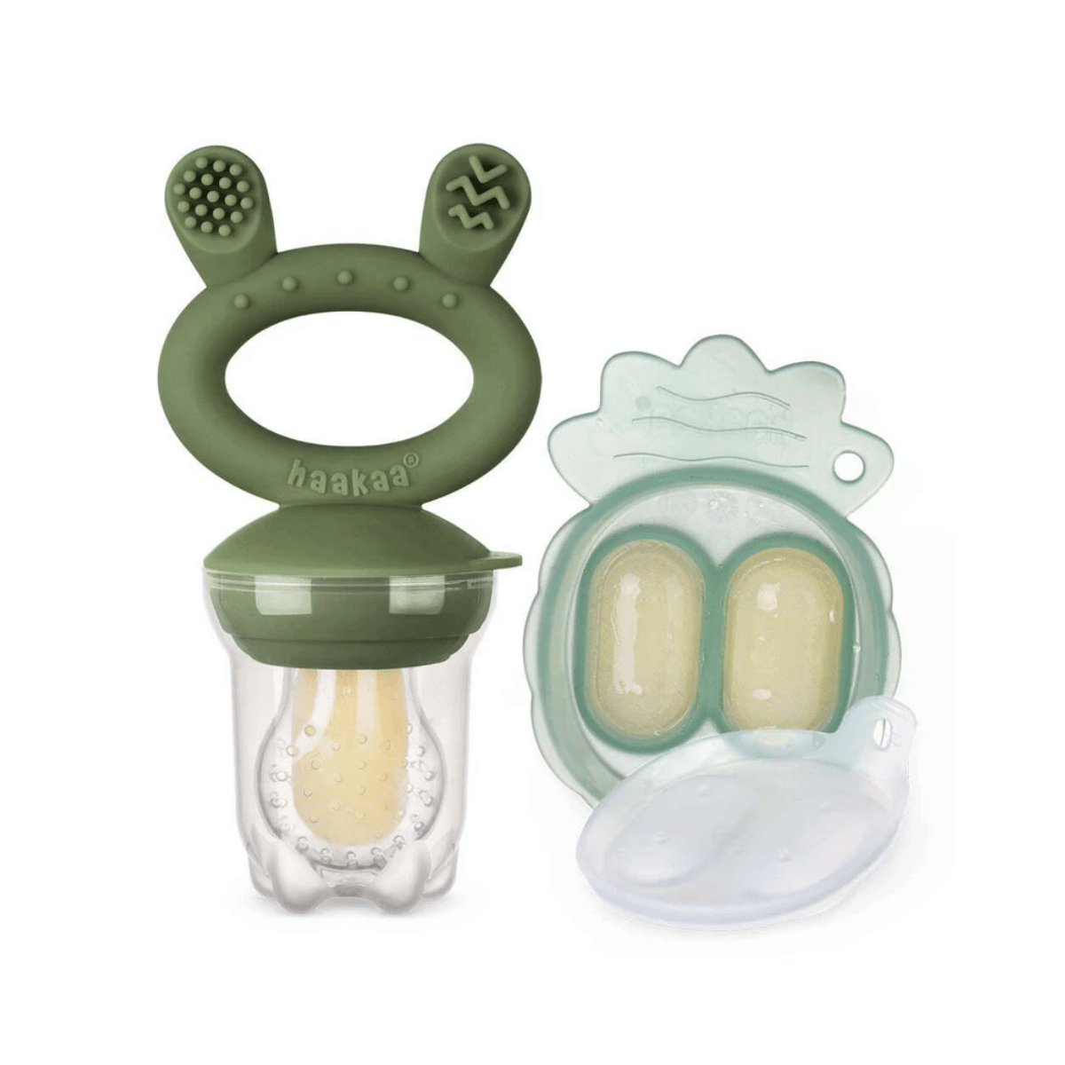 This Olive Green  Haakaa Fresh Food Feeder Mini Combo safely introduces new flavours, soothes teething gums, and prevents choking with frozen food portions.