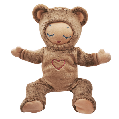 Brown plush Lulla Doll with a heart on a white background