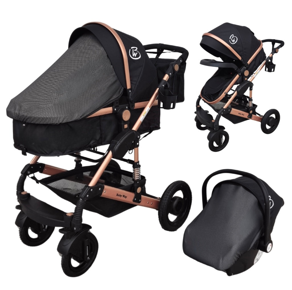 Ultra - 3 in 1 Stroller + Bassinet + Capsule Combo with Sunshade Sets and Food Tray - Black Gold