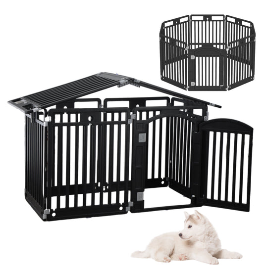 2 in 1 Pet House and
Adjustable Playpen with Roof Feature and Locking Door – BLACK