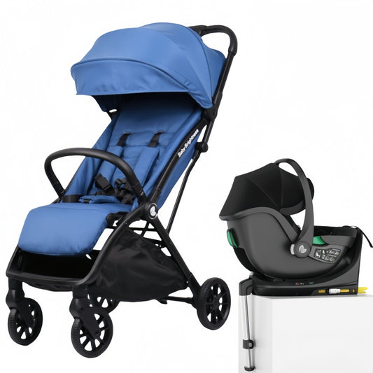 Baby Brightness FlexGo Auto Folding lightweight compact stroller with i-Size infant capsule and ISOFIX base Blue