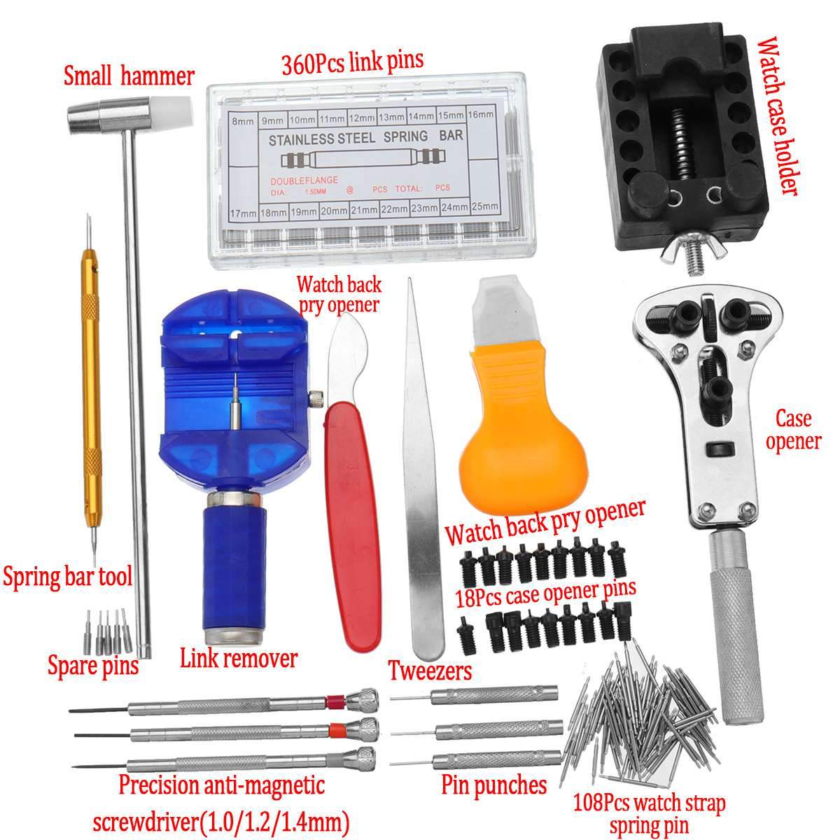 506pcs Watch Repair Tool Kit Back Case Opener Remover Spring Pin Bars Watchmaker