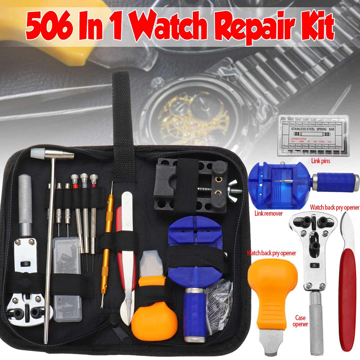 506pcs Watch Repair Tool Kit Back Case Opener Remover Spring Pin Bars Watchmaker