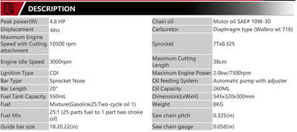 X-BULL 62cc Petrol Chainsaw 20"Bar E-Start Pruning Red Chain Saw 2 Stroke