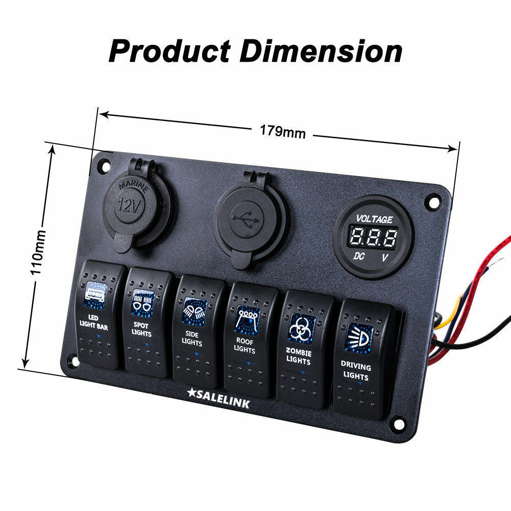 6 Gang LED Rocker Switch Panel Circuit Breakers Charger 12V USB - salelink.co.nz