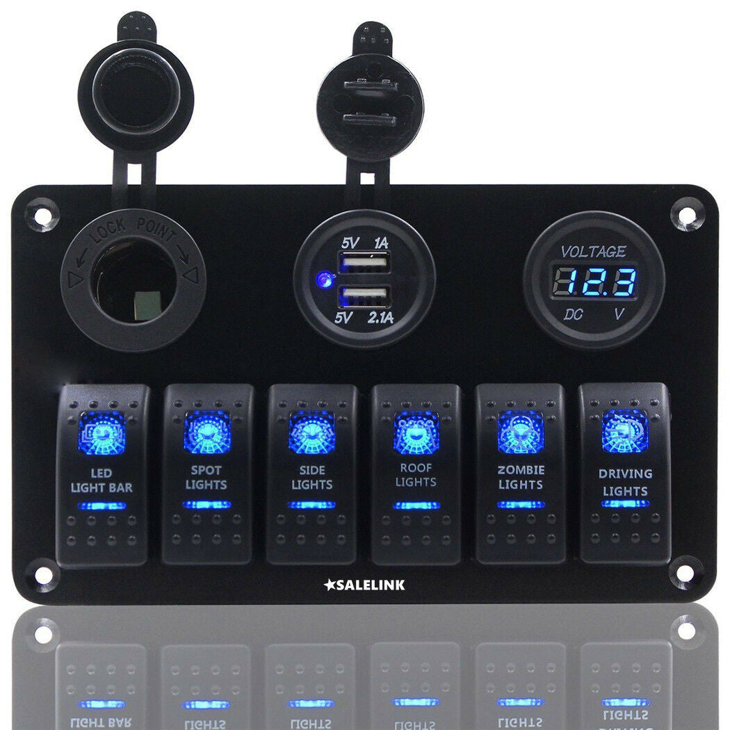 6 Gang LED Rocker Switch Panel Circuit Breakers Charger 12V USB - salelink.co.nz