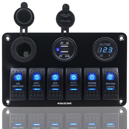 6 Gang LED Rocker Switch Panel Circuit Breakers Charger 12V USB - salelink.co.nz