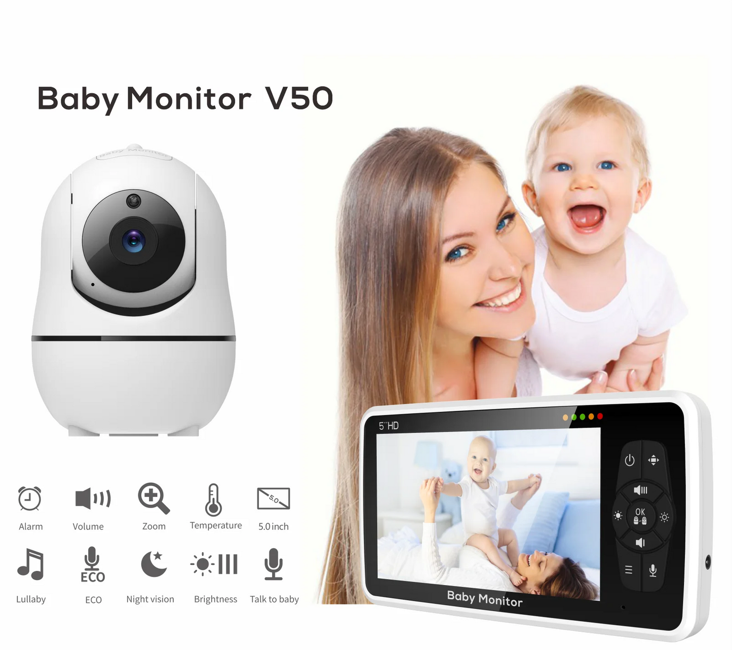 5 Inch HD Baby Monitor with Camera, Temperature Sensor & 2-Way Talk