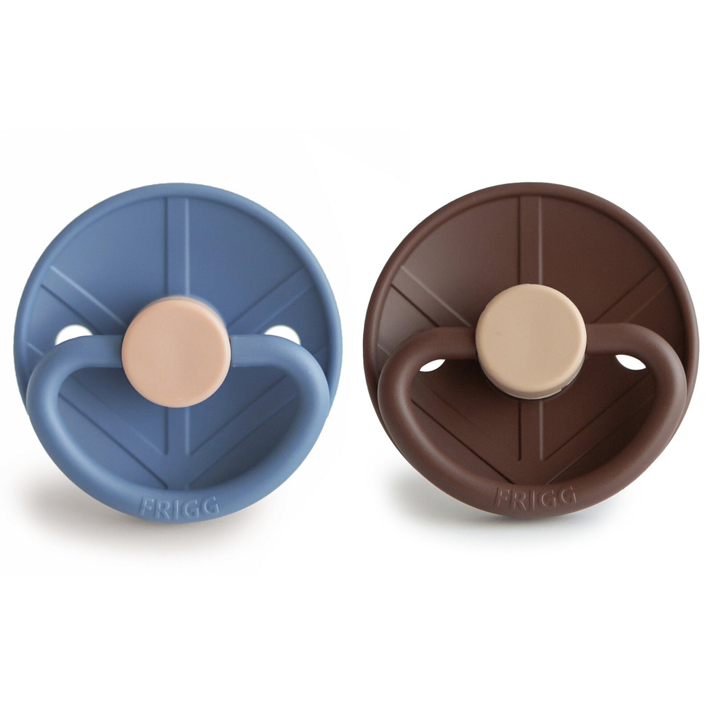 Two baby pacifiers, one blue and one brown, on a white background. Frigg is a Swedish Brand