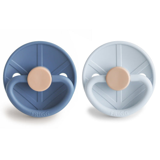 Two baby soothers, one blue and one light gray, with beige centers on a white background.