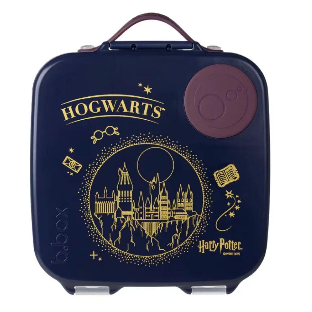 Navy blue suitcase with gold 'Hogwarts' and castle design, featuring a purple circular handle.
